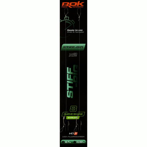 ROK STIFF RIG Curve Shank Barbless - 2db/csomag - előkötött szakáll nélküli horog - 8 - 0,32mm